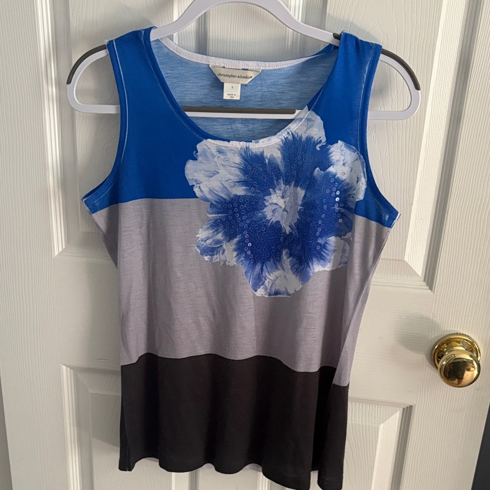 Christopher & Banks Blue and Gray Floral Tank Top